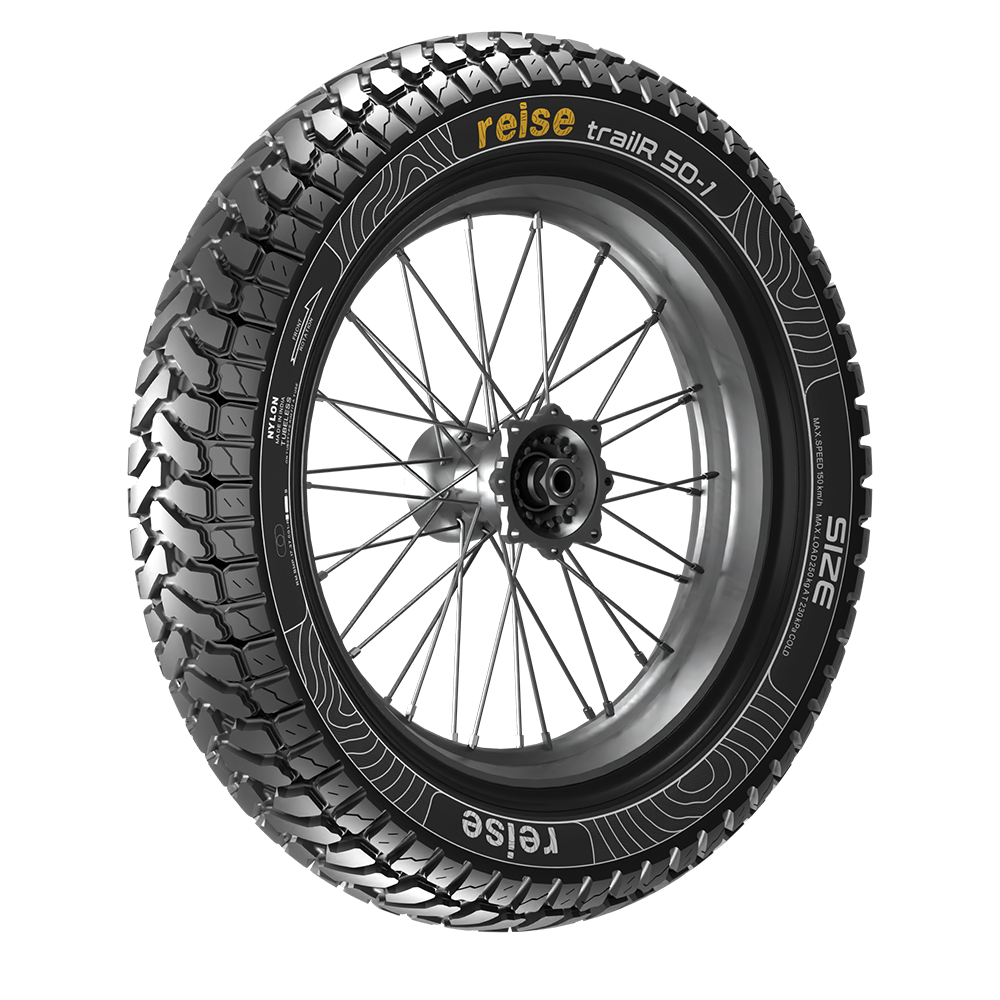 trailR 50-01 front tube tyre on spoked wheel with black knobby tread