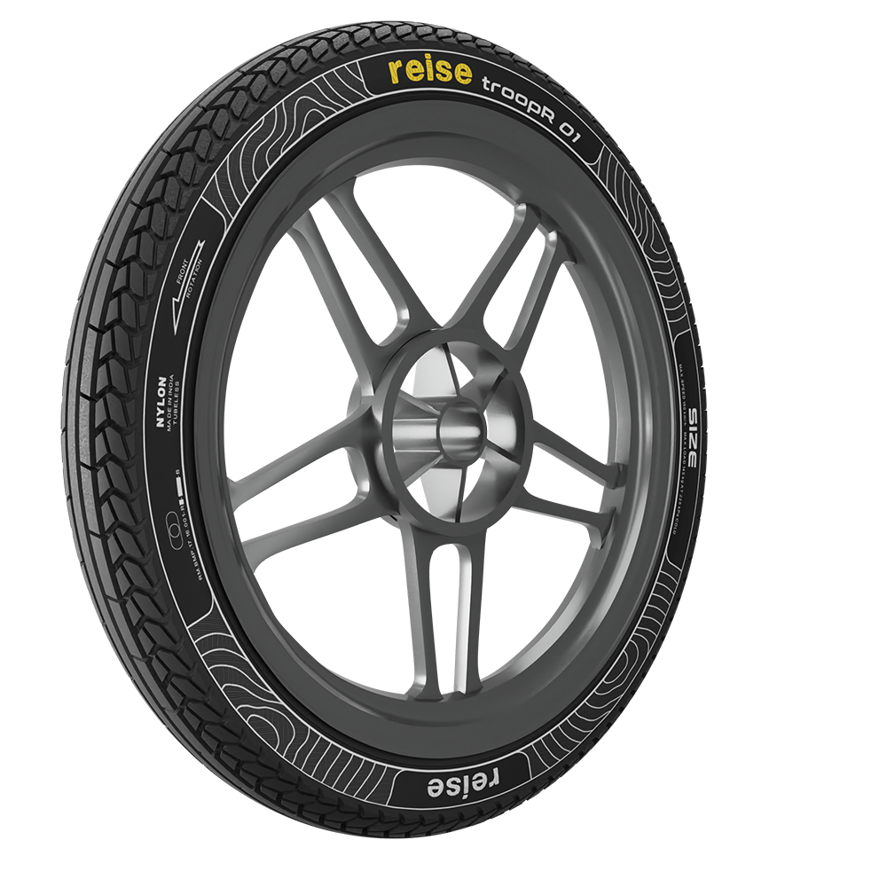 Front tube tyre with black tread, grey alloy rim, raised sidewall lettering
