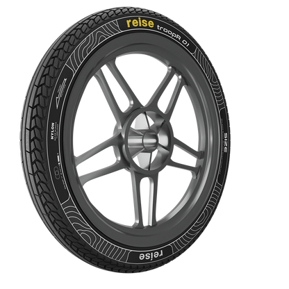 Front tube tyre with black tread, grey alloy rim, raised sidewall lettering