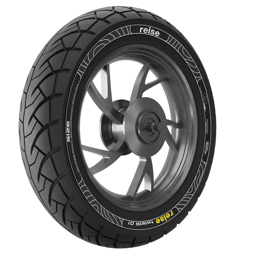 Tubeless front tyre three-quarter view with dark tread and gray alloy rim