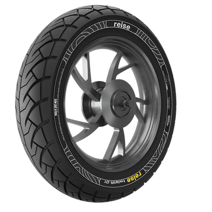 Tubeless front tyre three-quarter view with dark tread and gray alloy rim