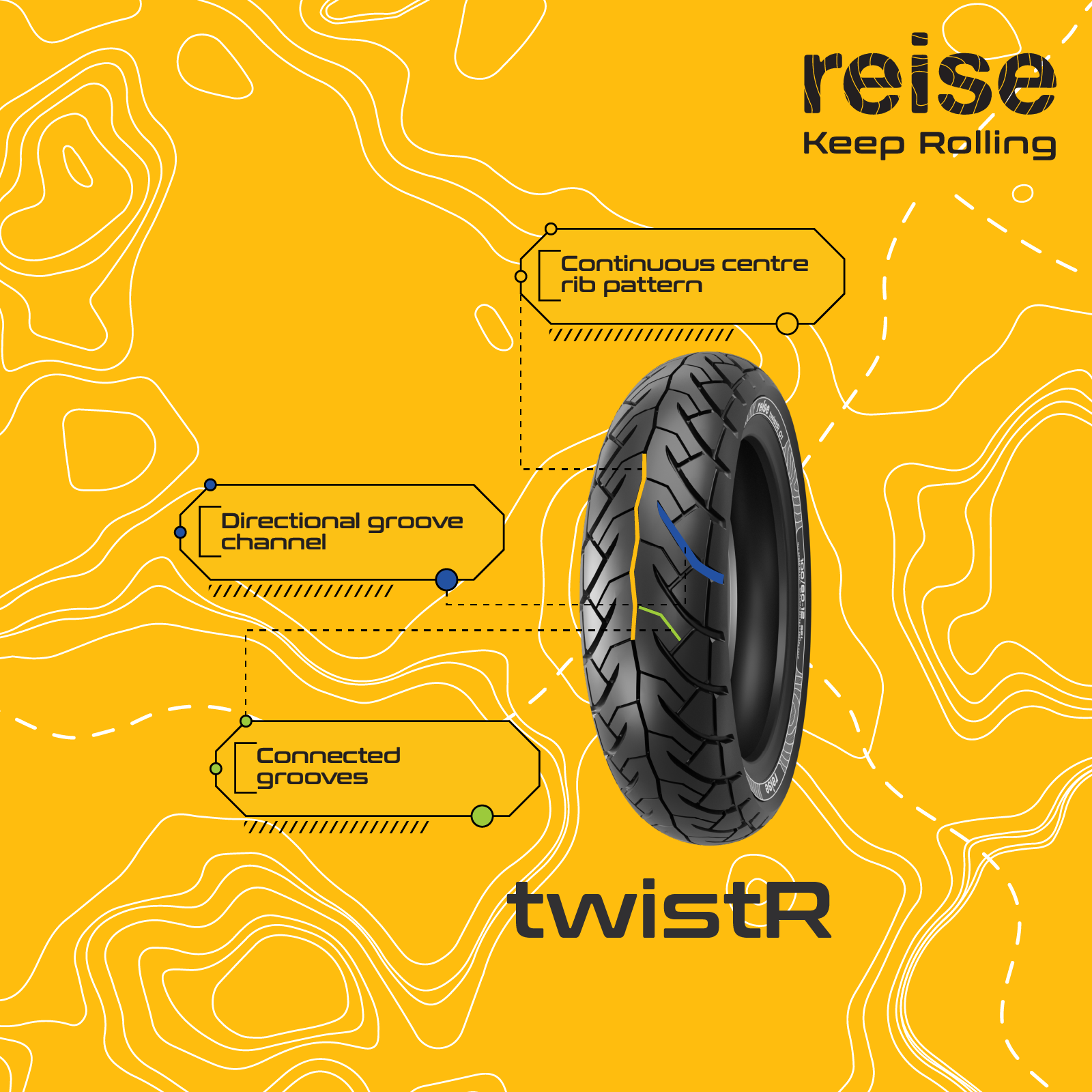 Front tubeless tyre 110/70-11 45L, black tread with directional grooves, angled view