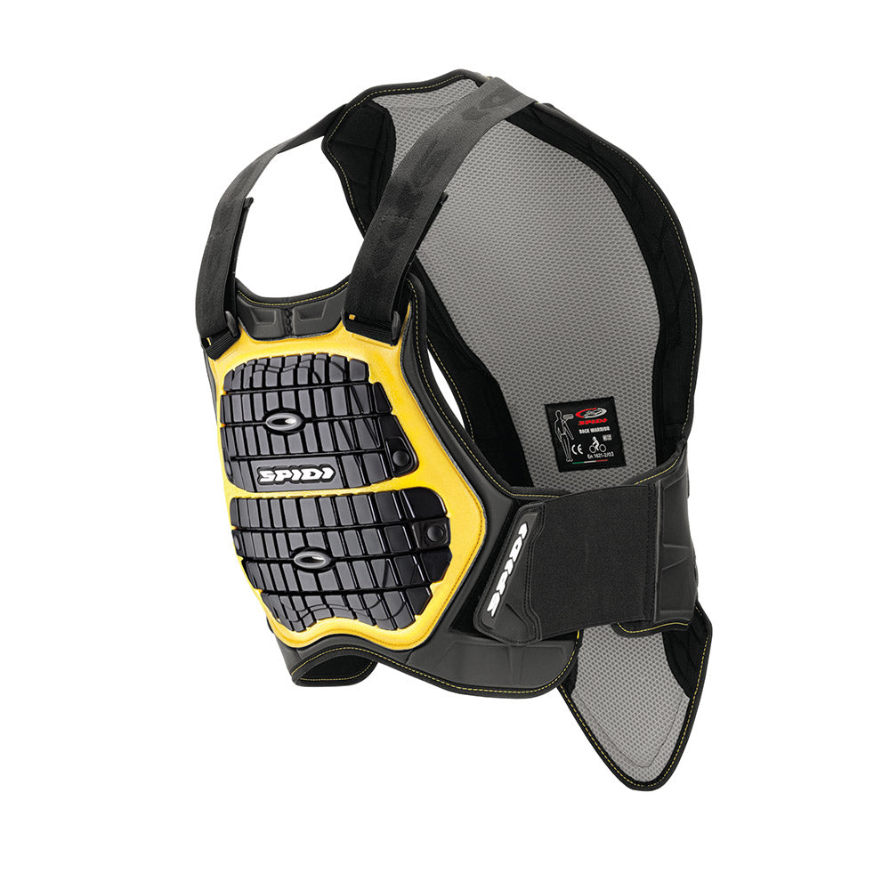 Black and yellow protective chest pad with molded grid plates and shoulder straps