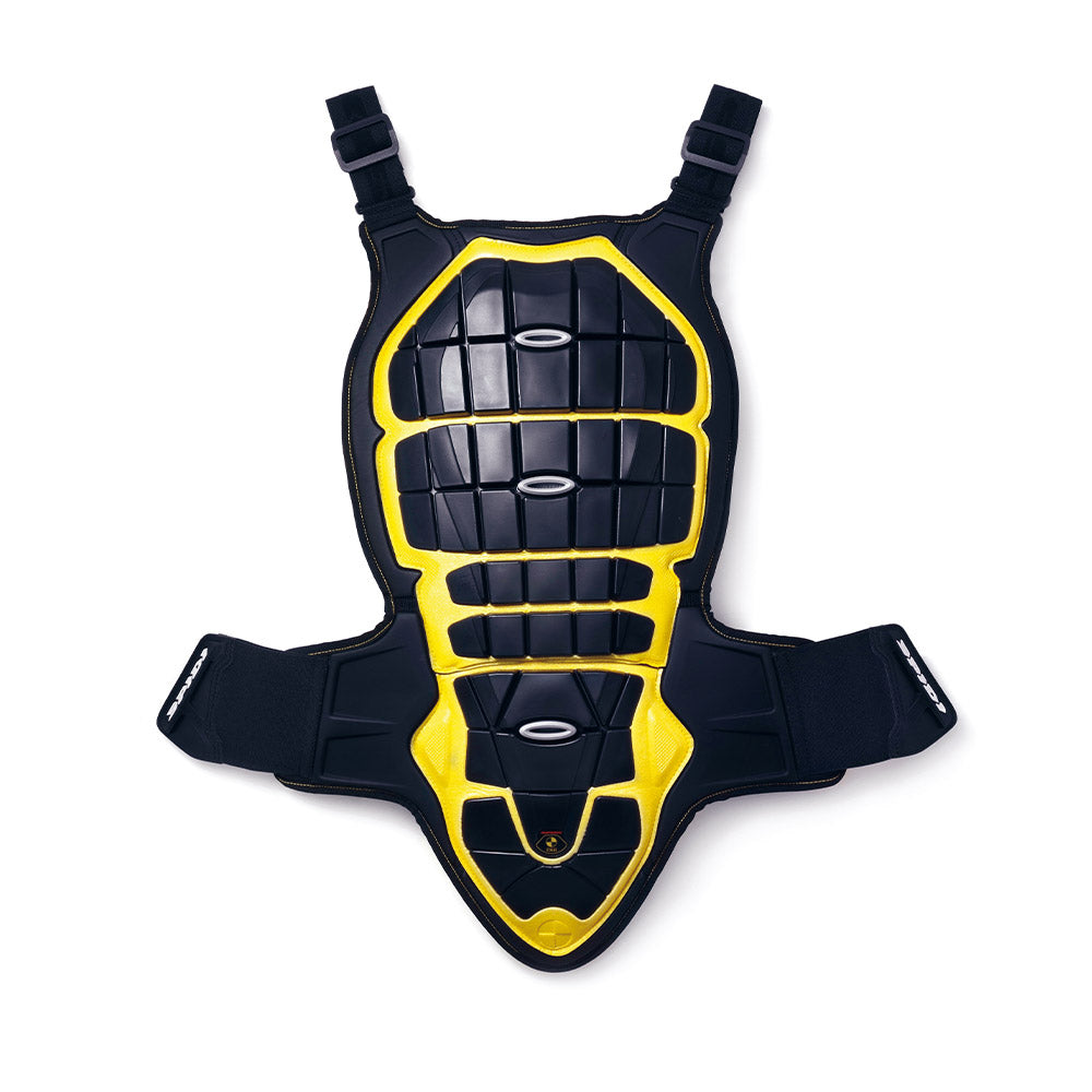 Black protective chest protector with yellow-edged molded plate armor and side straps