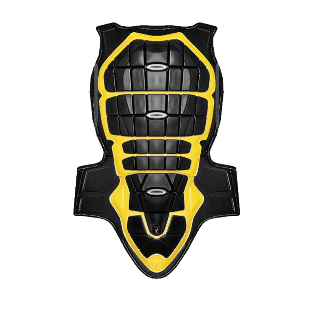 Black and yellow molded chest armor pad with central circular plate and fastening tabs