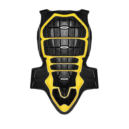 Black and yellow molded chest armor pad with central circular plate and fastening tabs