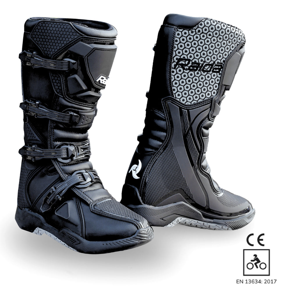 Black off-road motorcycle riding boots with ankle padding and buckle straps