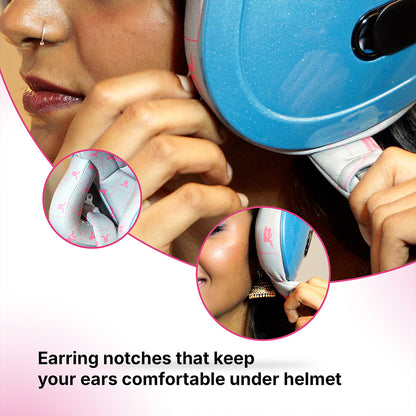 Close-up of aqua blue helmet chin area and pink ear notch interior padding