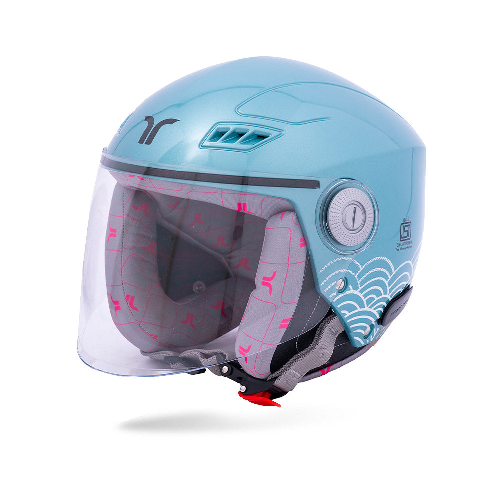 Aqua blue motorcycle helmet with clear visor and pink interior lining visible