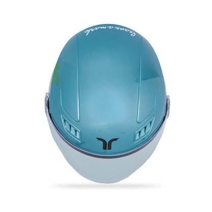 Aqua blue motorcycle riding helmet with front vents and glossy shell finish