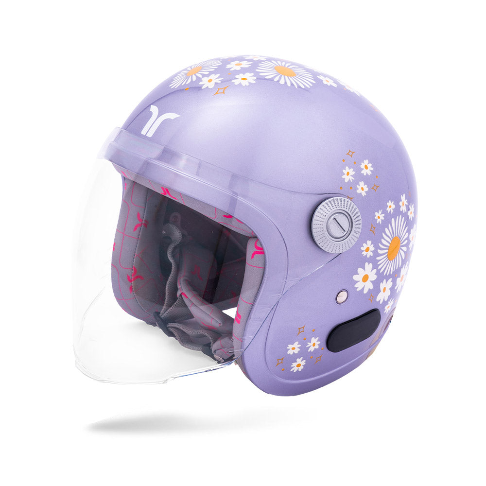 Lilac motorcycle helmet with clear visor, daisy graphics, and side vent