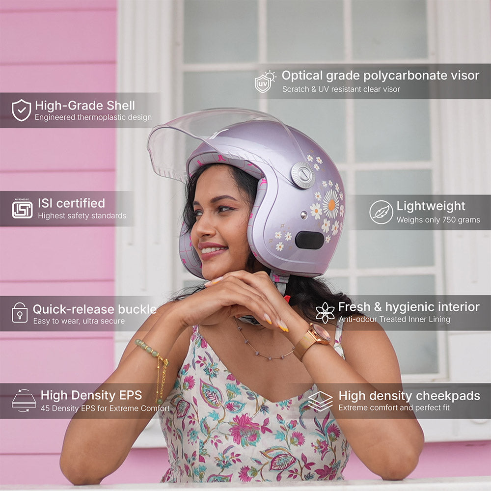 Lilac daisy motorcycle helmet with clear visor and padded interior