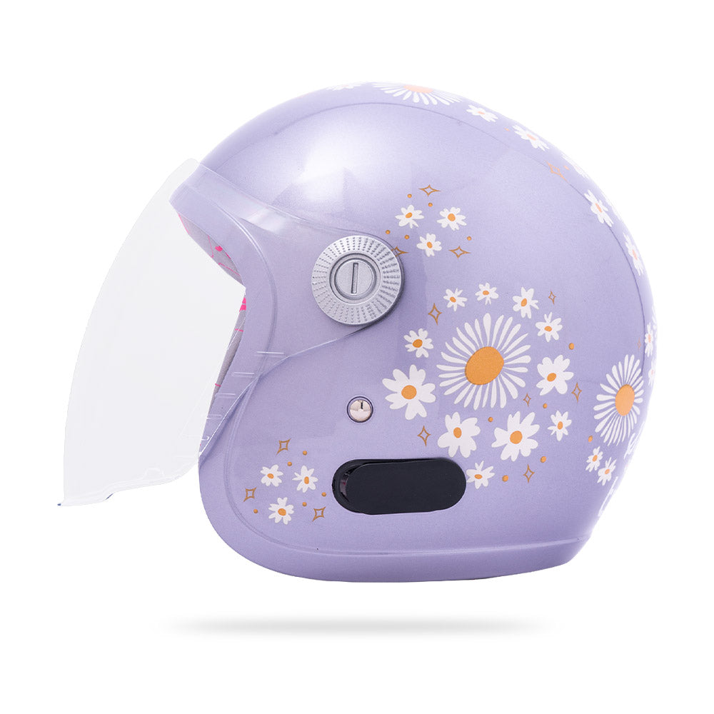 Lilac motorcycle helmet rear view with daisy and flower decals