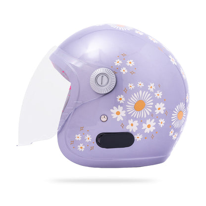 Lilac motorcycle helmet rear view with daisy and flower decals