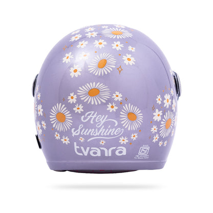 Lilac motorcycle helmet back with daisy decals and 'Hey Sunshine' text