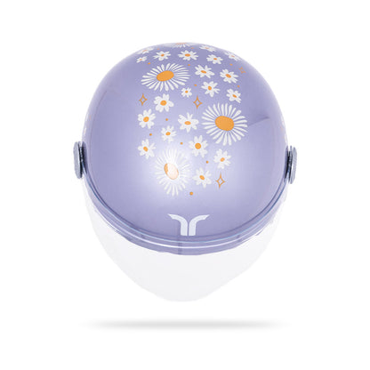 Lilac motorcycle helmet top view with flower graphics and rear vents