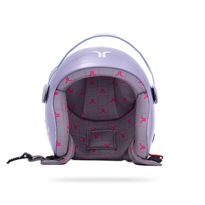 Lilac motorcycle helmet interior with red patterned padding and open visor