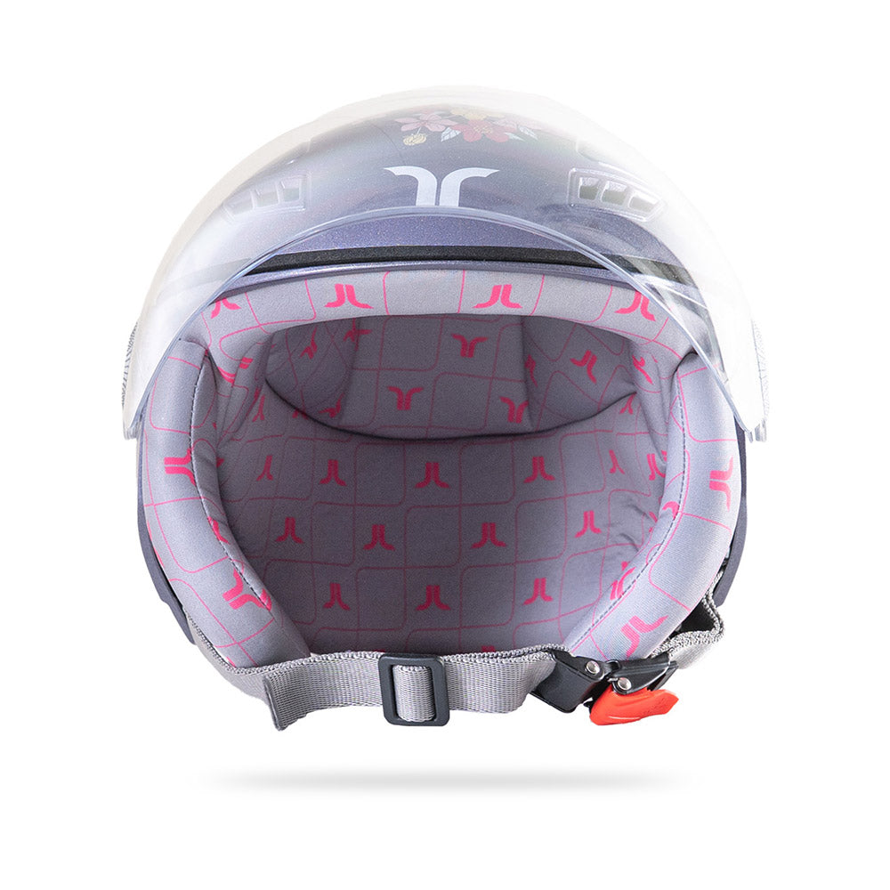 Motorcycle riding helmet interior view with protective lining and chin strap hardware