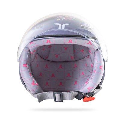 Motorcycle riding helmet interior view with protective lining and chin strap hardware