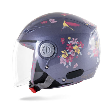 Motorcycle riding helmet side view in dark lilac with floral print and clear visor