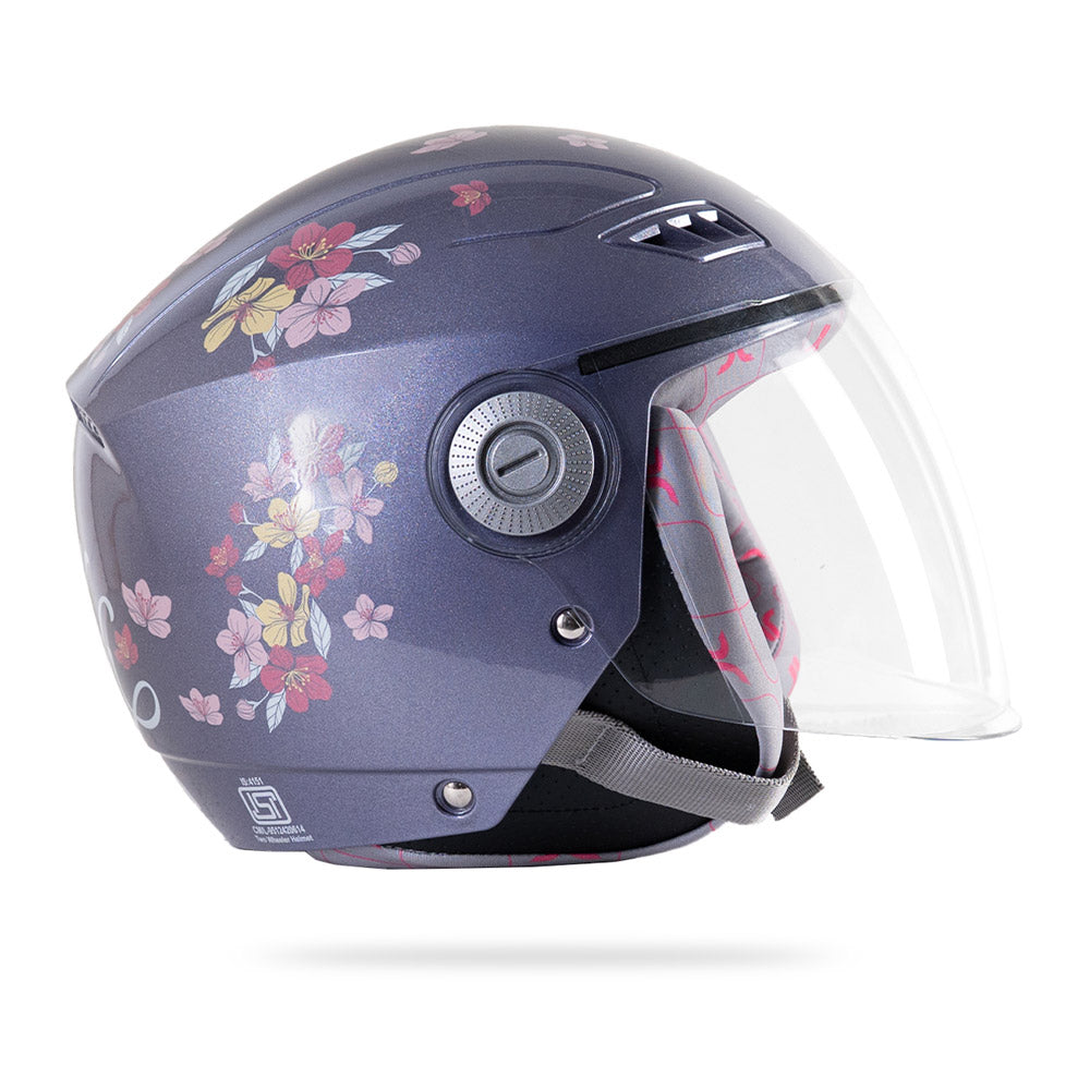 Motorcycle riding helmet angled side view in dark lilac with floral graphic and visor