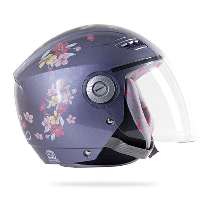 Motorcycle riding helmet angled side view in dark lilac with floral graphic and visor