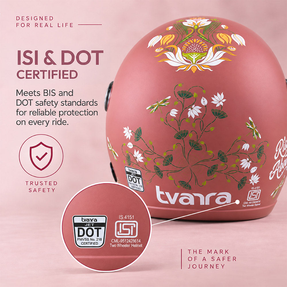Motorcycle riding helmet, coral shell with floral decal and safety certification badges