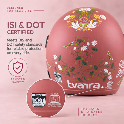 Motorcycle riding helmet, coral shell with floral decal and safety certification badges