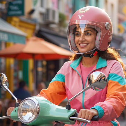 Motorcycle riding helmet with clear visor, coral shell and floral graphics worn on scooter