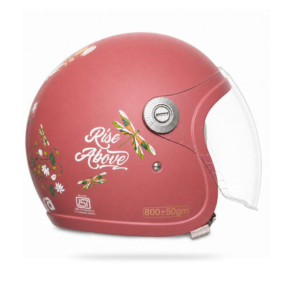Motorcycle riding helmet, coral shell with side floral graphic and vented opening
