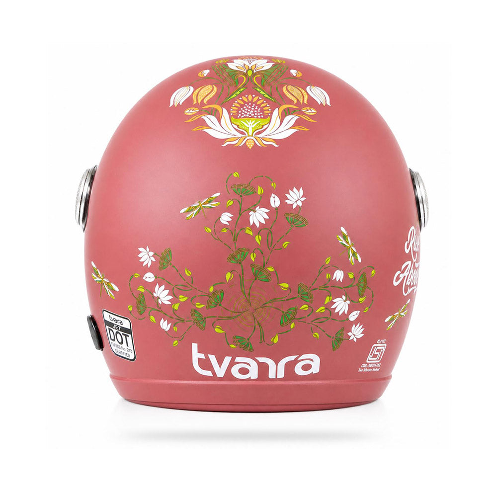 Motorcycle riding helmet, coral shell with back floral decal and brand label