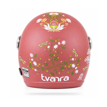 Motorcycle riding helmet, coral shell with back floral decal and brand label