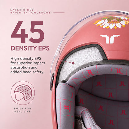 Motorcycle riding helmet interior, coral shell with visible gray EPS lining close-up