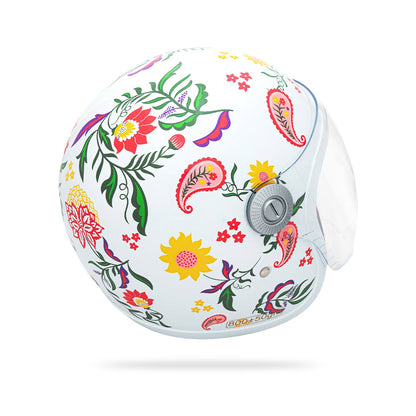 Women’s motorcycle riding helmet in pearl white with colorful floral print and clear face shield