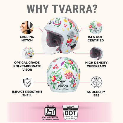 Feature infographic for floral women’s motorcycle helmet with visor, shell, and certification icons
