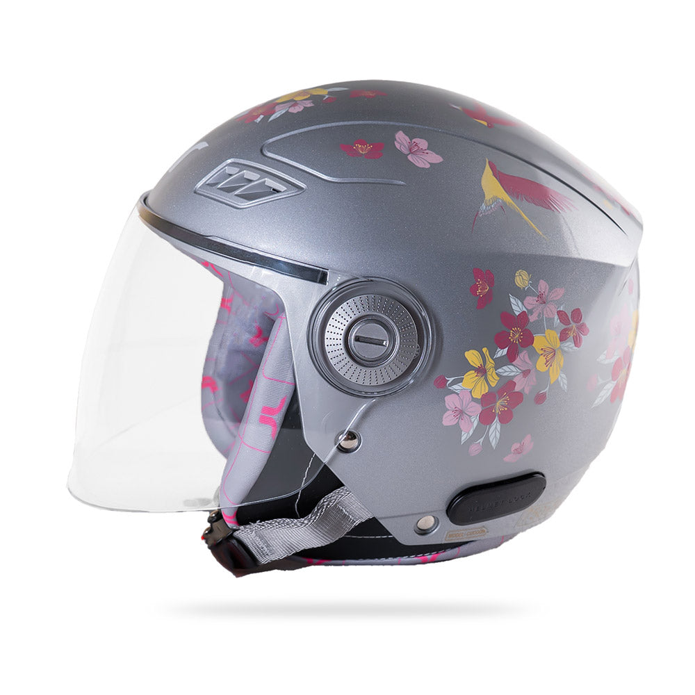 Motorcycle helmet in gray-silver with clear visor and colorful floral front graphics