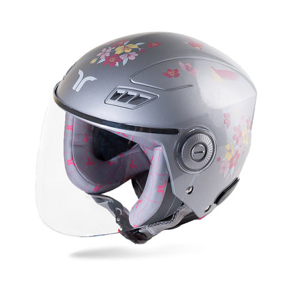 Motorcycle helmet with clear visor, gray-silver and pink floral blossom graphics