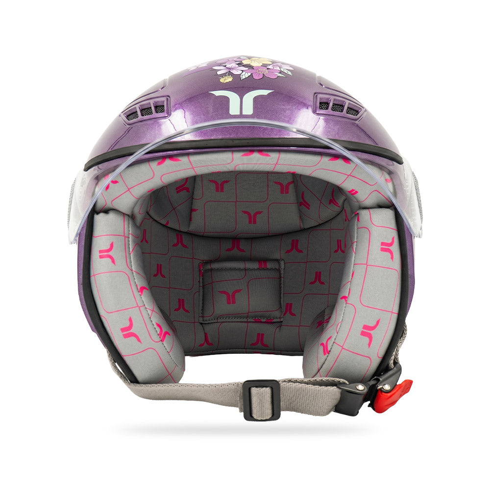 Violet full-face motorcycle helmet showing interior padding and chin strap