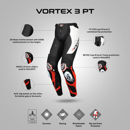 Vortex 3 - Motorcycle Leather Racing Pants (Black/White/Red)