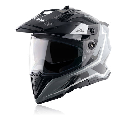 Off-road riding helmet with dual visors, black and light gray graphic shell