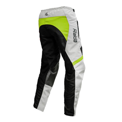 Off-road riding pants, grey and black with hi-viz green side panels