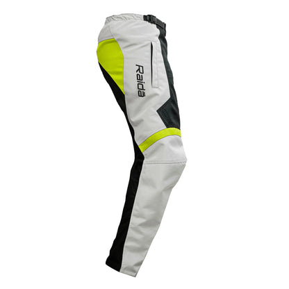 Off-road riding pants in light grey with hi-viz green panels and black side stripes