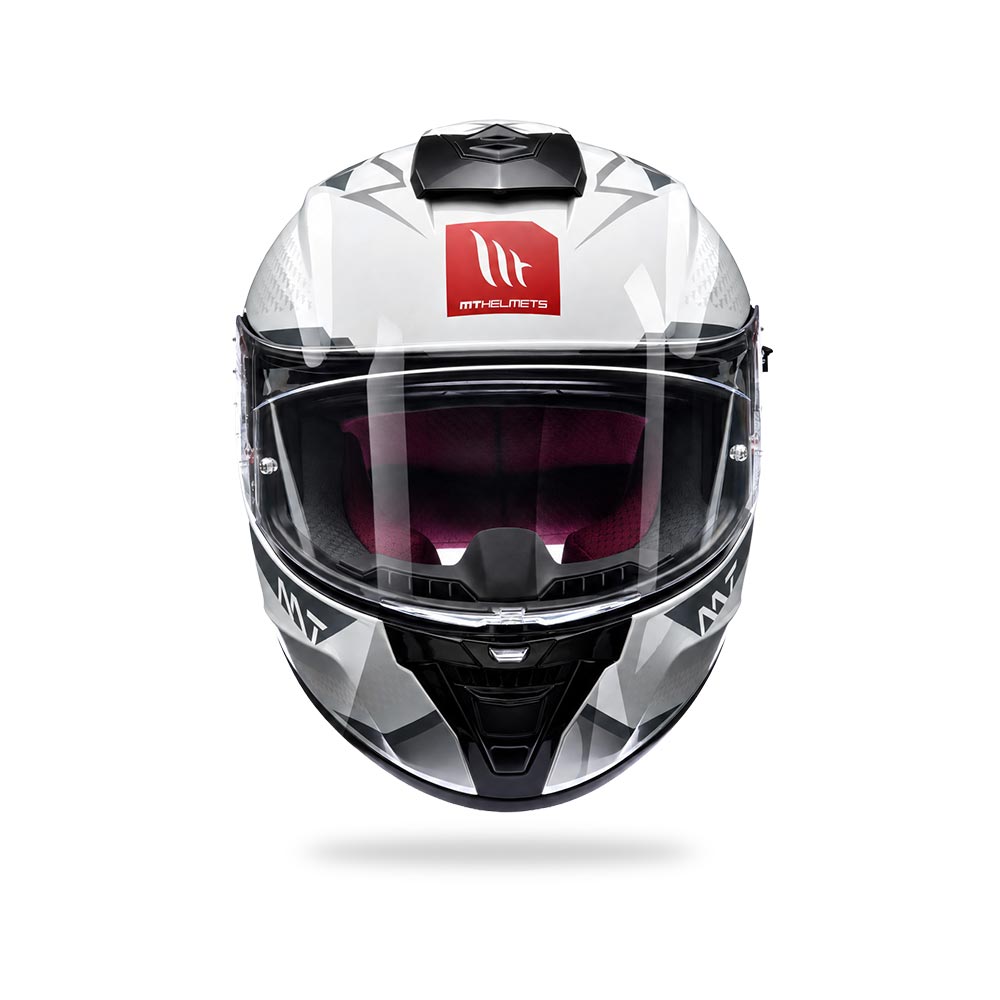 Motorcycle helmet, white shell with black chin guard and red logo on top