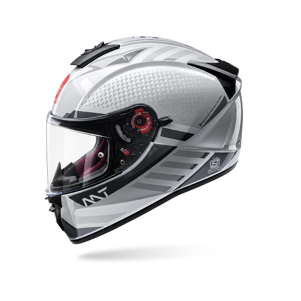 Gloss motorcycle helmet, white-gray shell with black visor and red trim