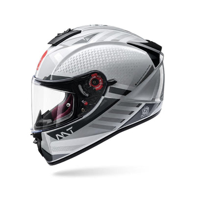 Gloss motorcycle helmet, white-gray shell with black visor and red trim