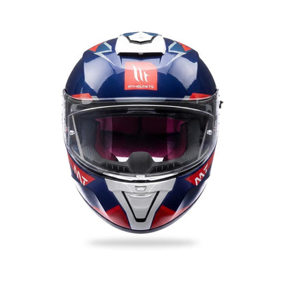 Glossy blue motorcycle helmet with clear visor and red/white graphic pattern