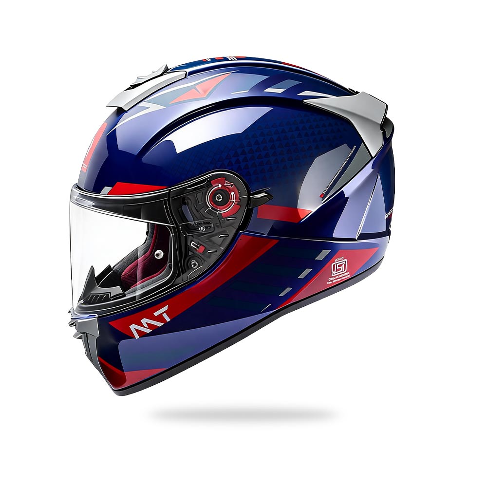 Glossy blue motorcycle helmet with clear visor, red stripe graphics, and side vents