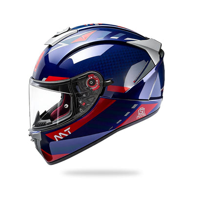 Glossy blue motorcycle helmet with clear visor, red stripe graphics, and side vents