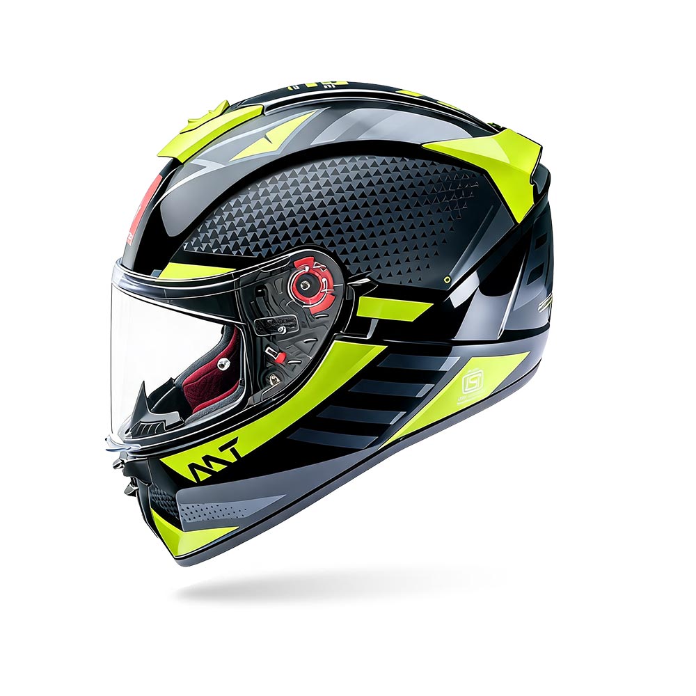 Motorcycle full-face helmet with clear visor, black and neon yellow with red detailing